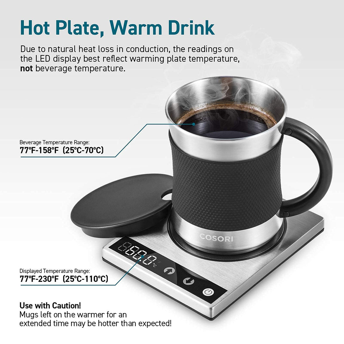 Cosori spill-resistant heating element photo suggests easy cleaning and safe operation