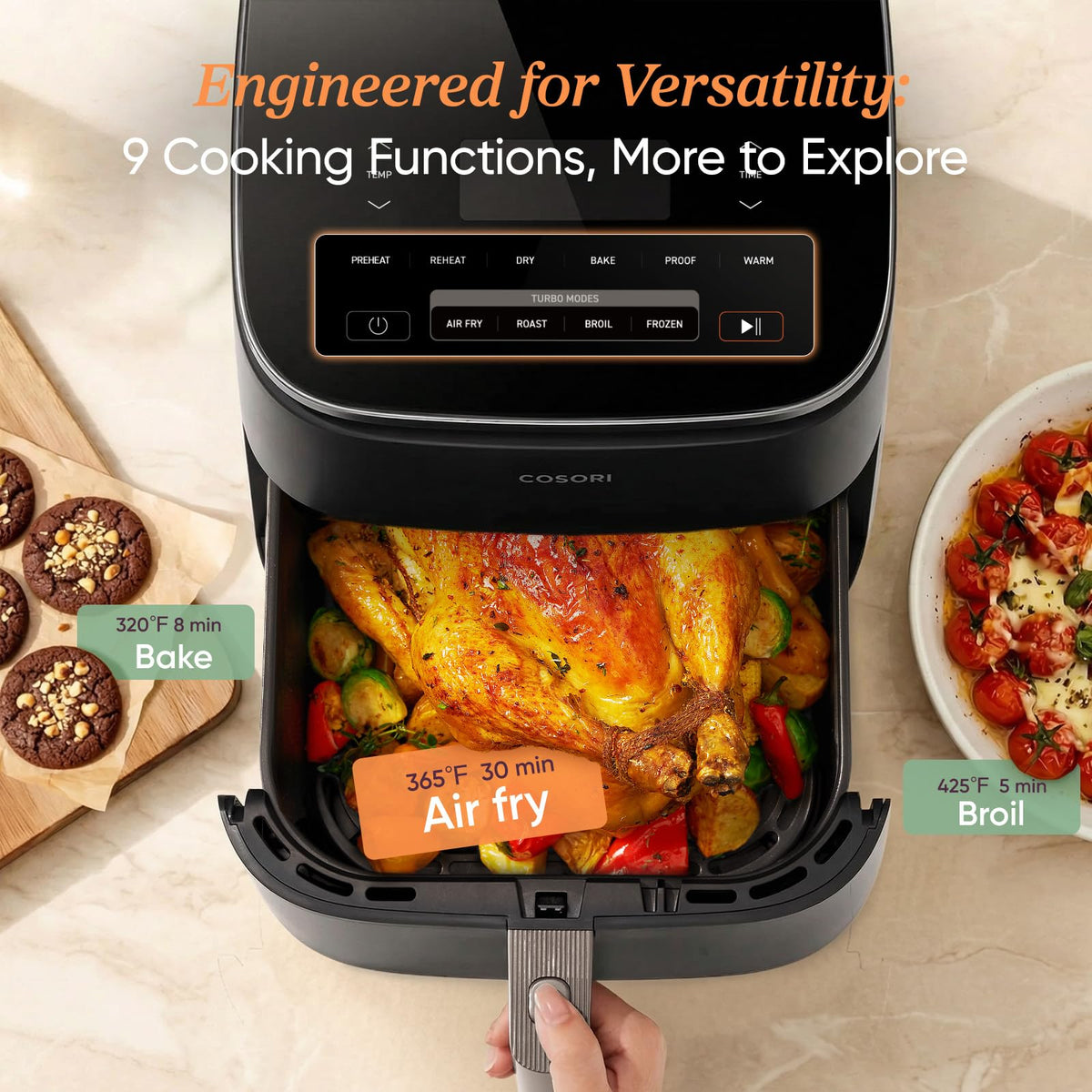 Cosori TurboBlaze 6-qt basket insert with PFAS-free ceramic coating for easy cleaning.