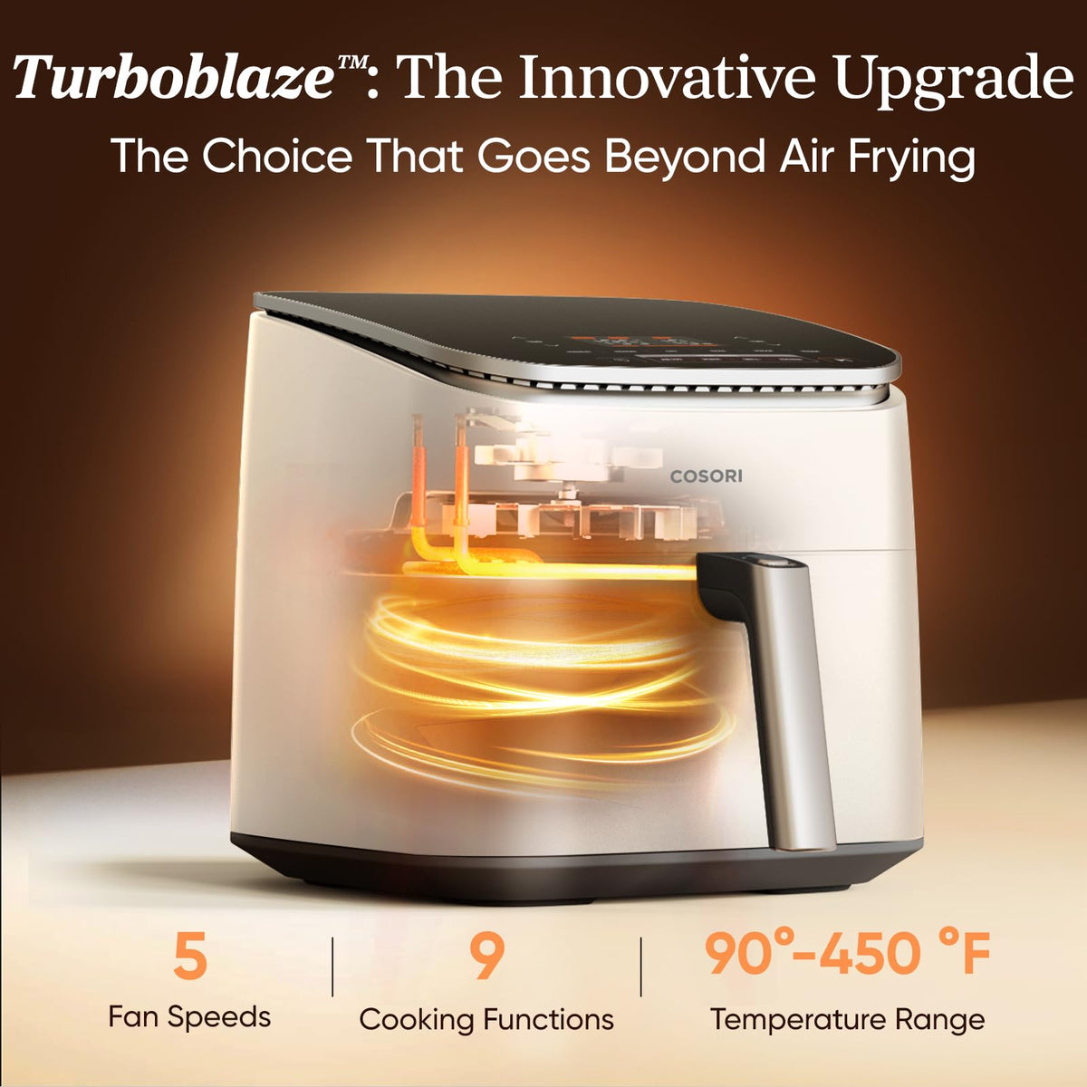 Cosori TurboBlaze control panel shown for guided cooking and presets.