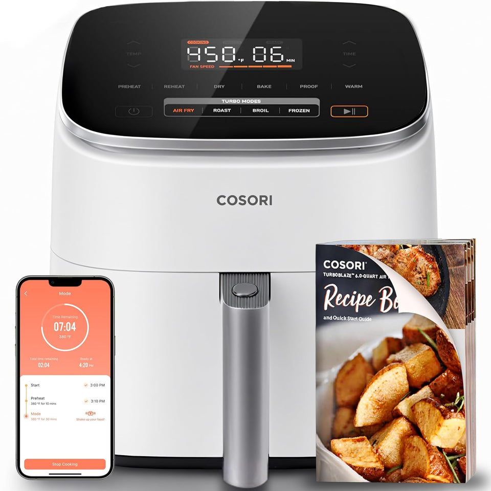 Cosori TurboBlaze 6 Qt front view for quick, even cooking in family kitchens.
