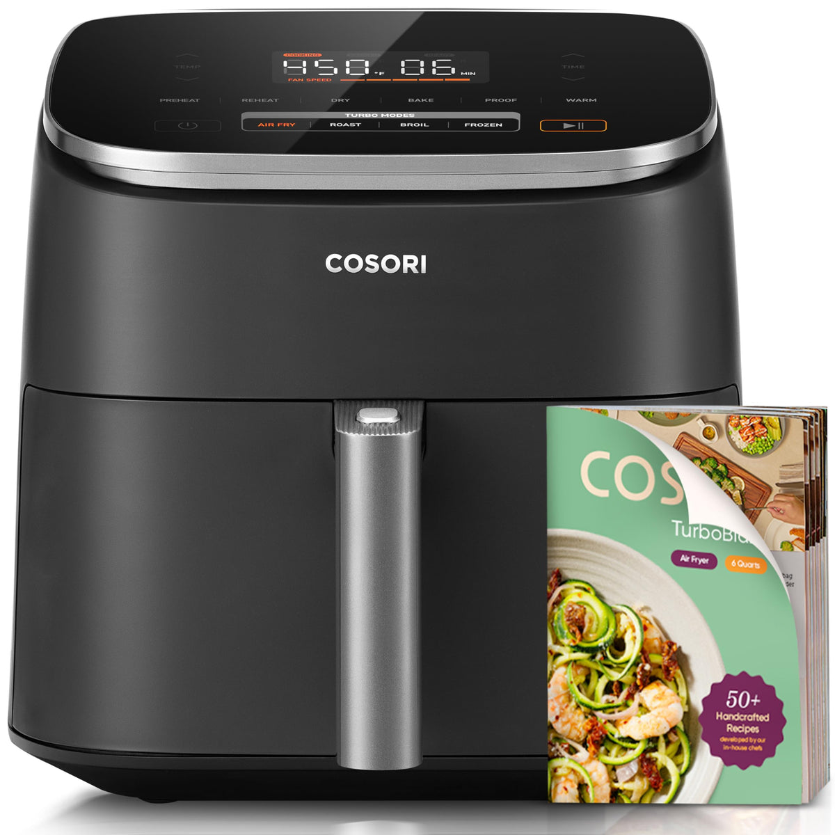 Cosori TurboBlaze air fryer front view showing 6-quart capacity for family meals.