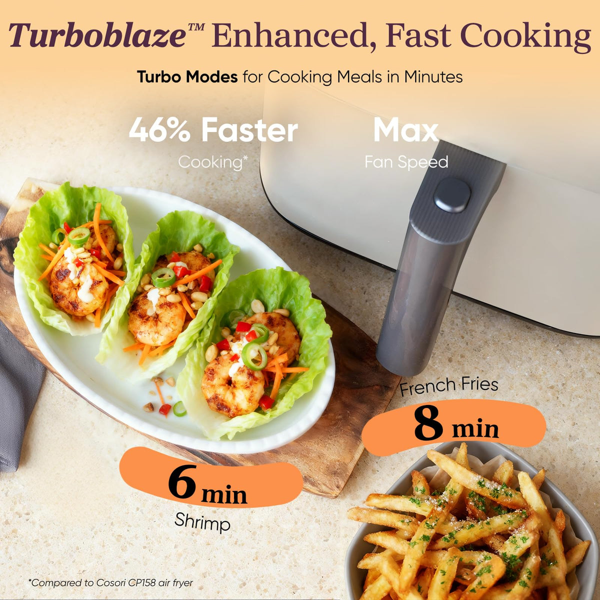 Cosori TurboBlaze basket and crisper plate designed for easy cleanup.