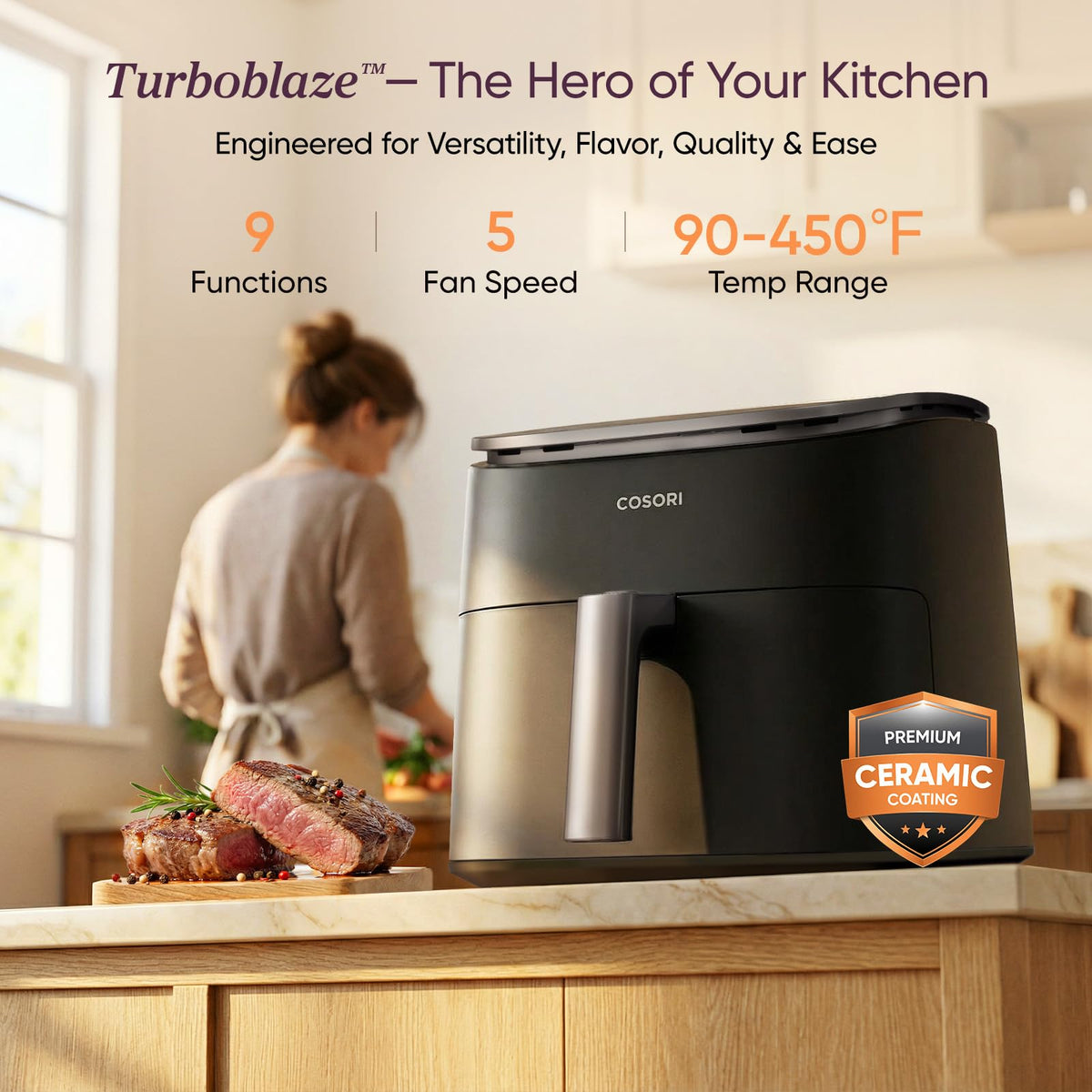 Cosori TurboBlaze control panel close-up with precise temp and time controls.
