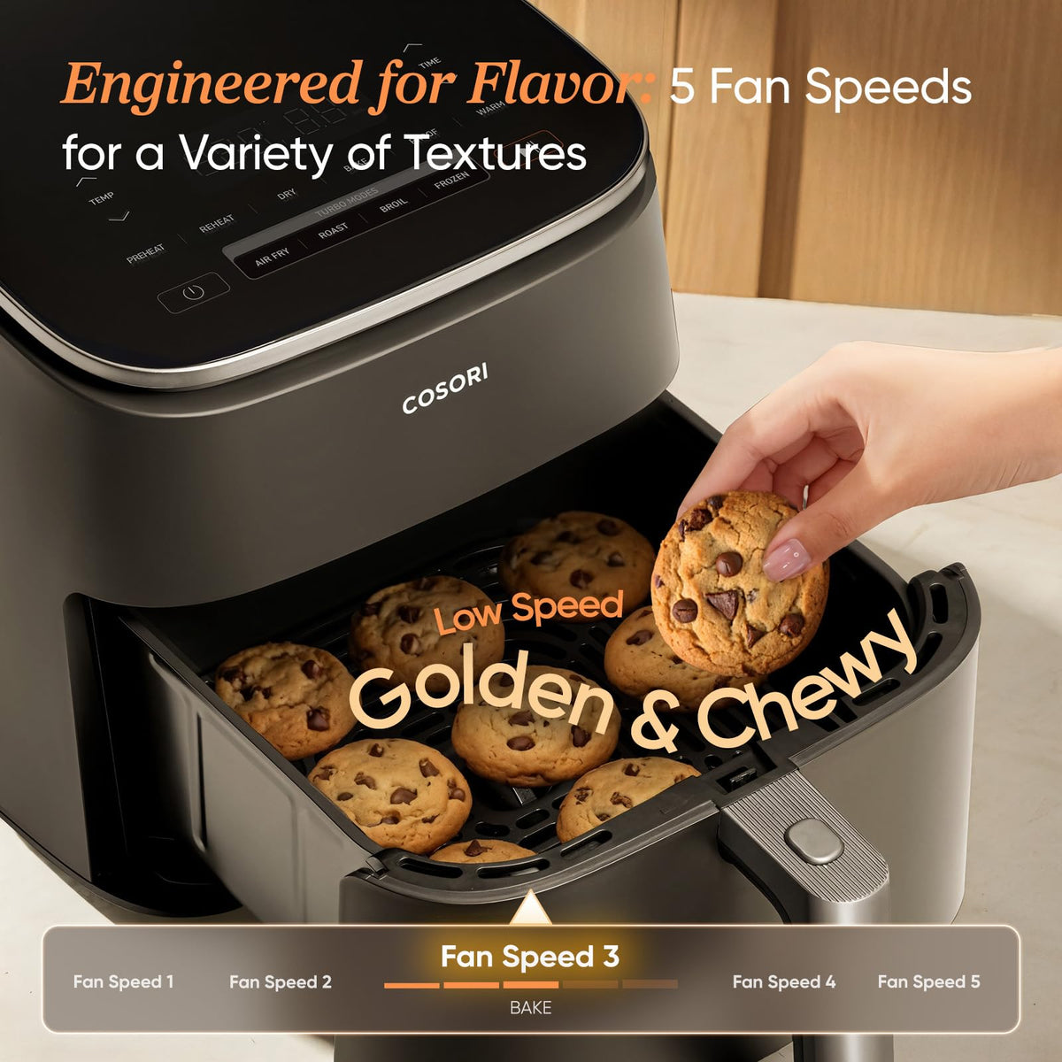 Cosori TurboBlaze display illustrating 90–450°F range for versatile meals.