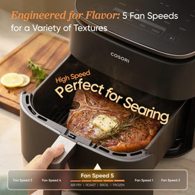 Cosori TurboBlaze crisper tray detail highlighting even crisping results.