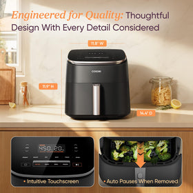 Cosori TurboBlaze product dimensions shown to fit comfortably on the counter.
