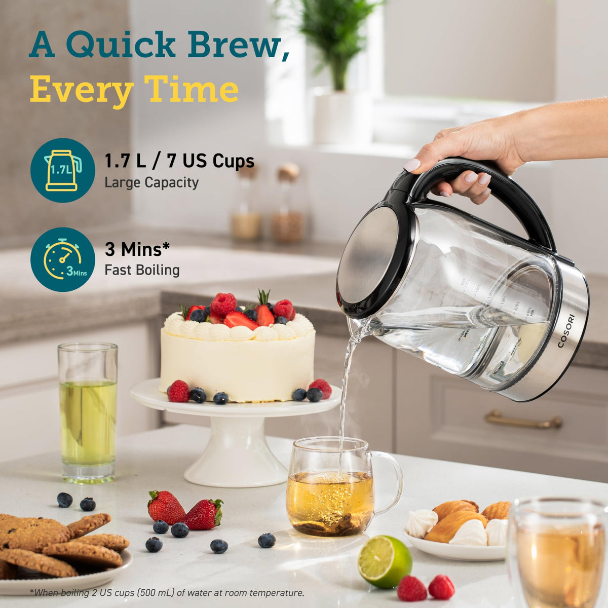 Wide mouth and 80-degree lid for easy filling and descaling