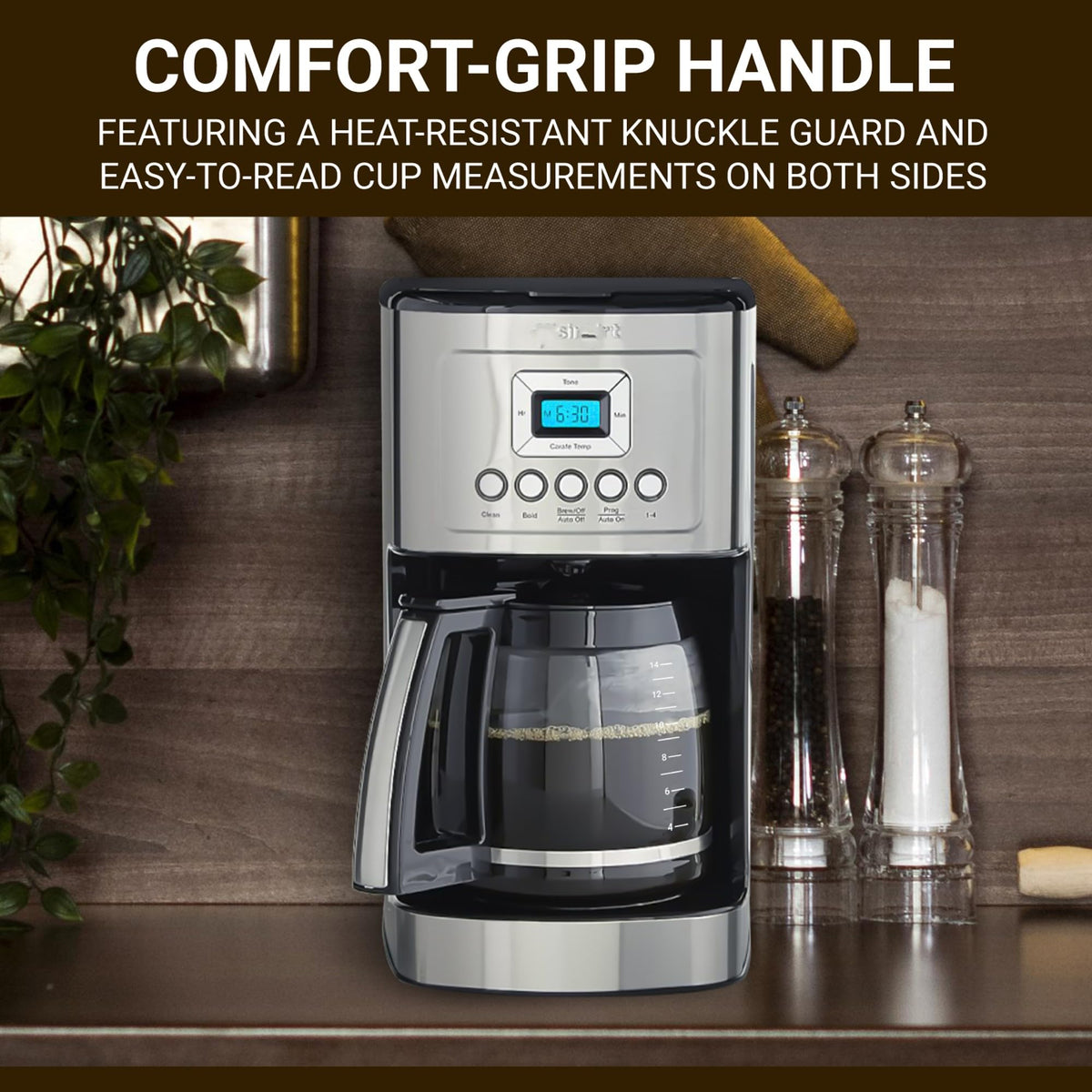 COSPARX 14-Cup carafe shows 2–14 cup markings for accurate brewing.