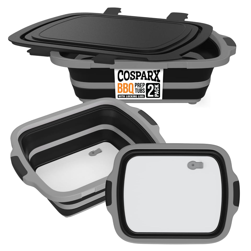 COSPARX XL collapsible BBQ prep tub with cutting board for mess-free marinating and prep
