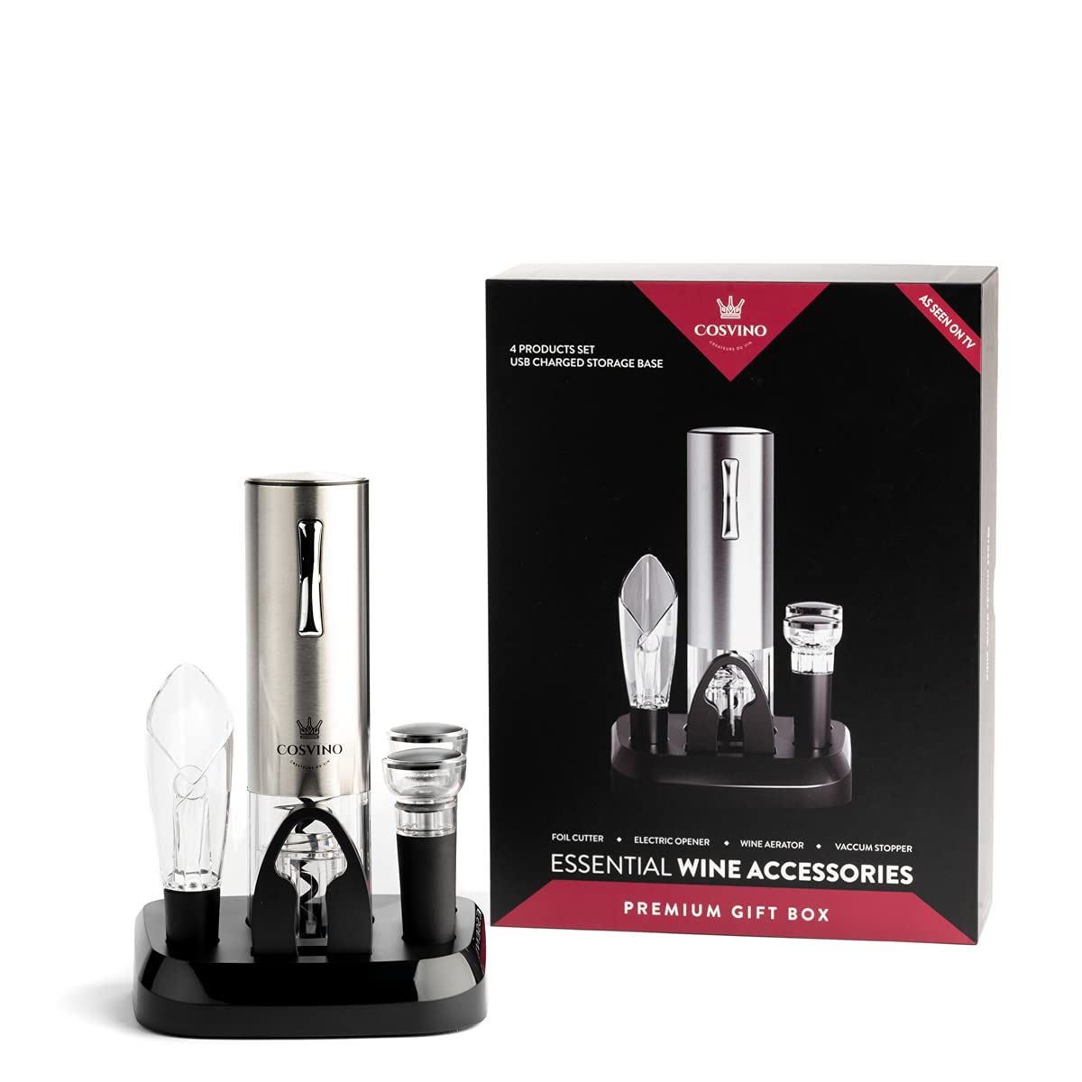COSVINO premium electric wine opener with charging base for quick cork removal.