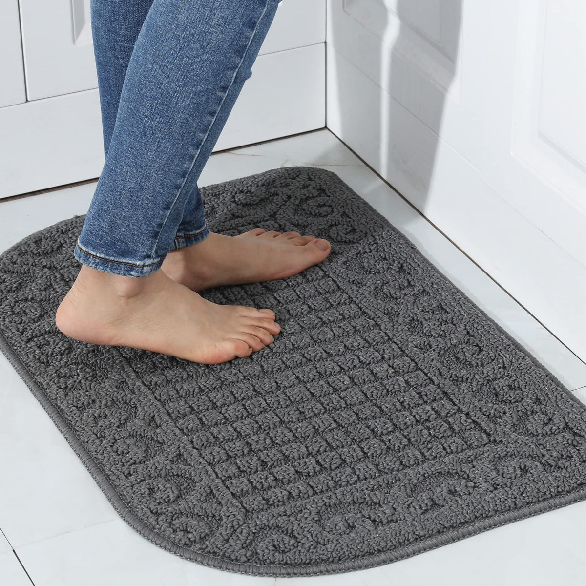 COSY HOMEER half-round anti-fatigue kitchen mat in grey adds underfoot comfort.