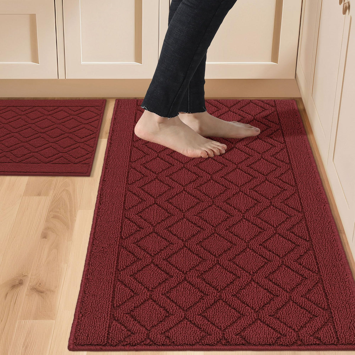 COSY HOMEER 2pc red kitchen rug set in front of sink and stove for safety and style
