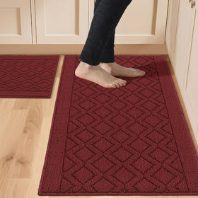 COSY HOMEER 2pc red kitchen rug set in front of sink and stove for safety and style
