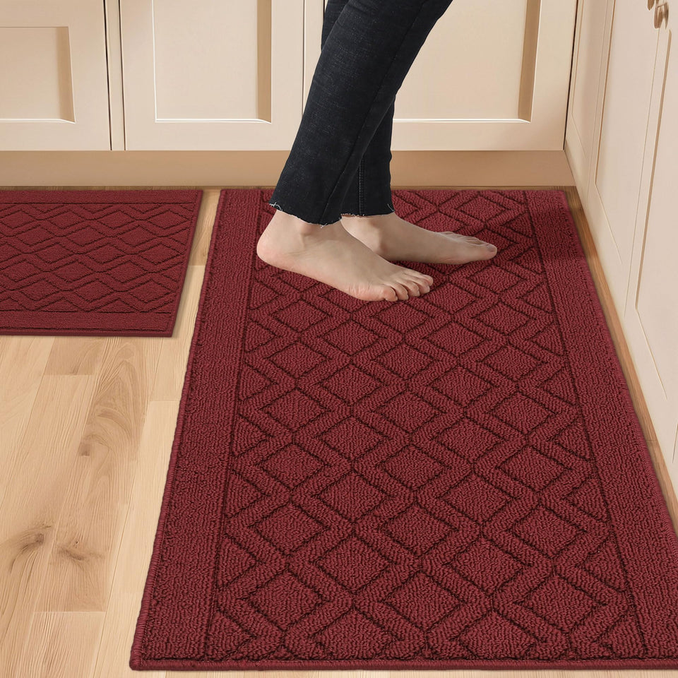 COSY HOMEER 2pc red kitchen rug set in front of sink and stove for safety and style