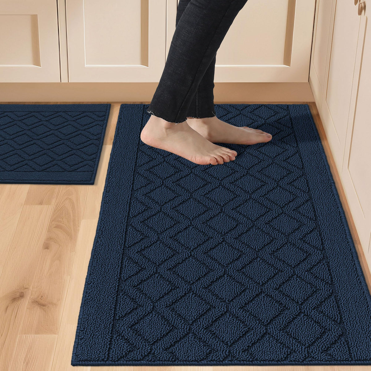 COSY HOMEER kitchen rug set 48x20 navy non-slip surface keeps feet secure while cooking.