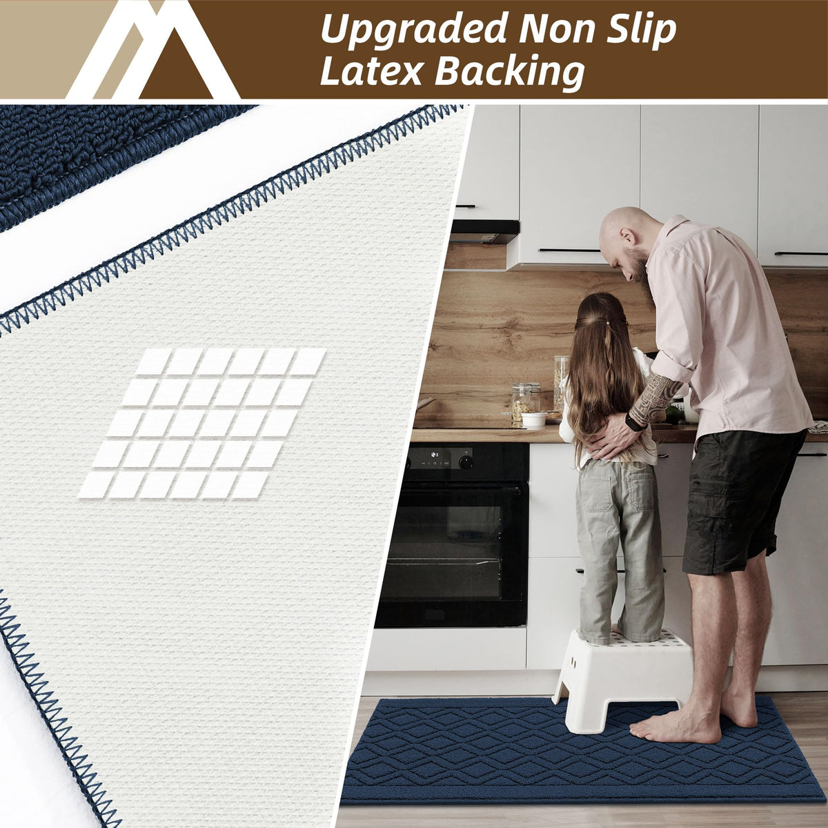 COSY HOMEER kitchen sink mat in navy absorbs spills to protect floors.