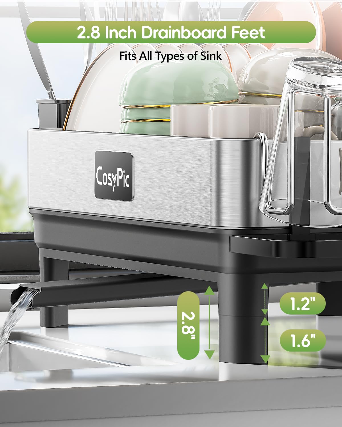 CosyPic dish rack with height feet fits most sinks and diverts water.