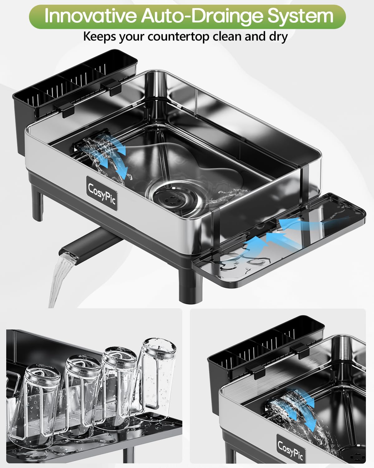 CosyPic dish rack with utensil holder keeps forks and knives organized.