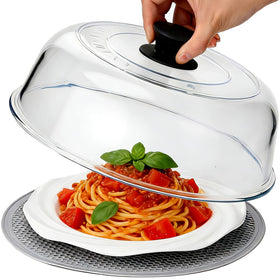 COSYSHINY glass splatter cover over a plate to prevent microwave splatter while cooking
