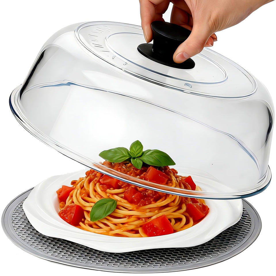COSYSHINY glass splatter cover over a plate to prevent microwave splatter while cooking