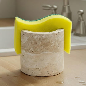 Cotivaye travertine sponge holder front view shows durable, water-drying stone for a tidy sink.