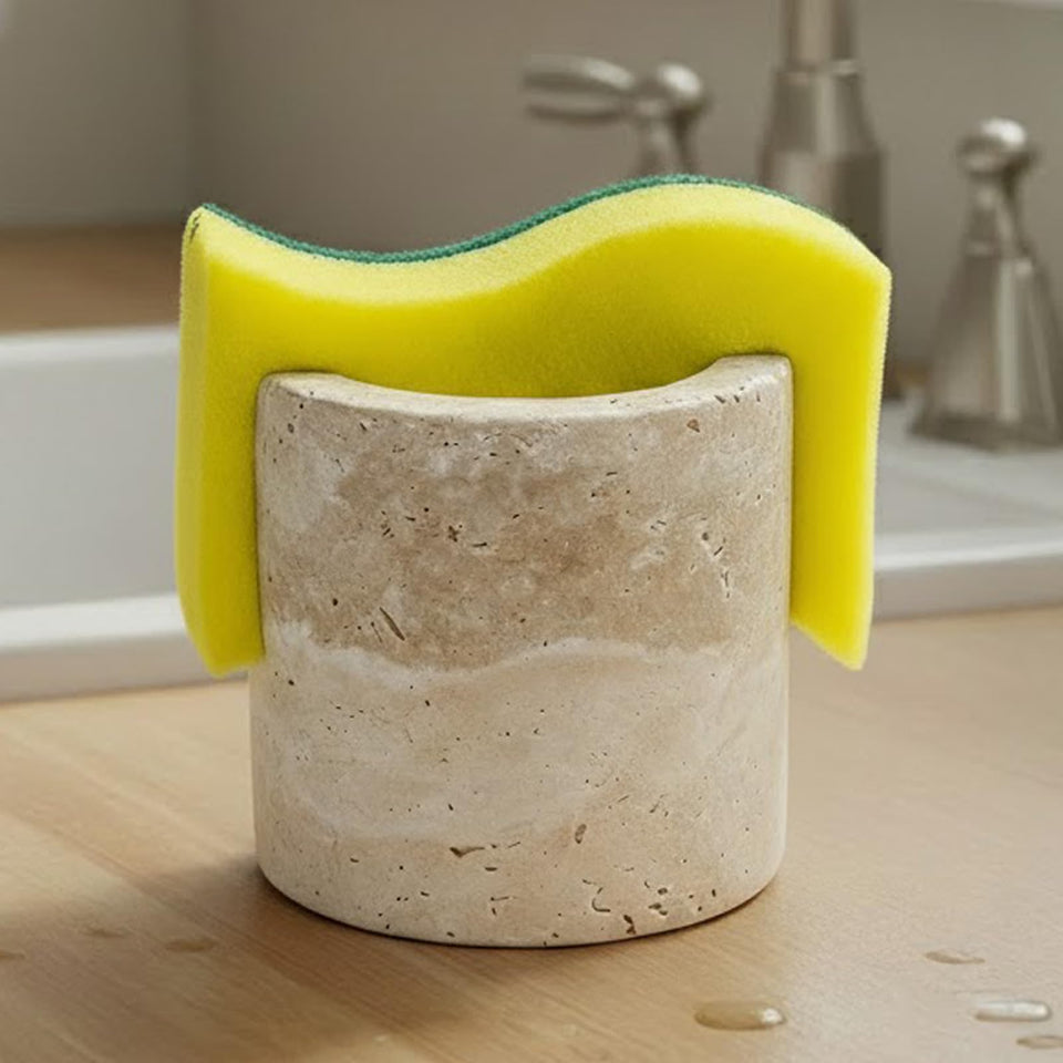 Cotivaye travertine sponge holder front view shows durable, water-drying stone for a tidy sink.
