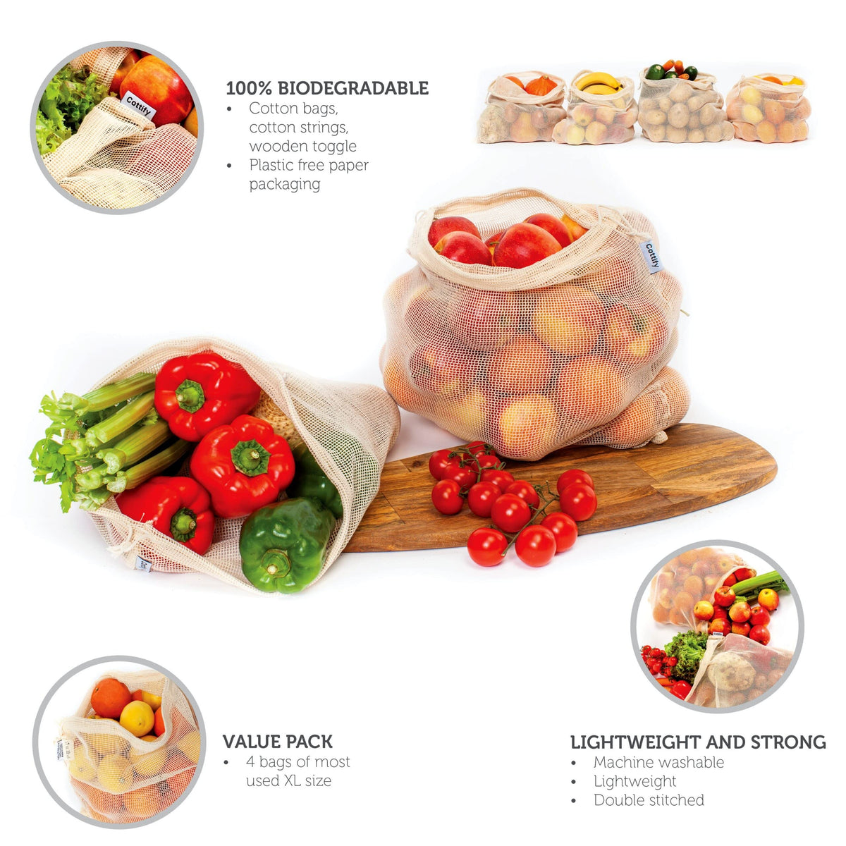 Cottify lightweight mesh bags emphasize eco-friendly, reusable storage