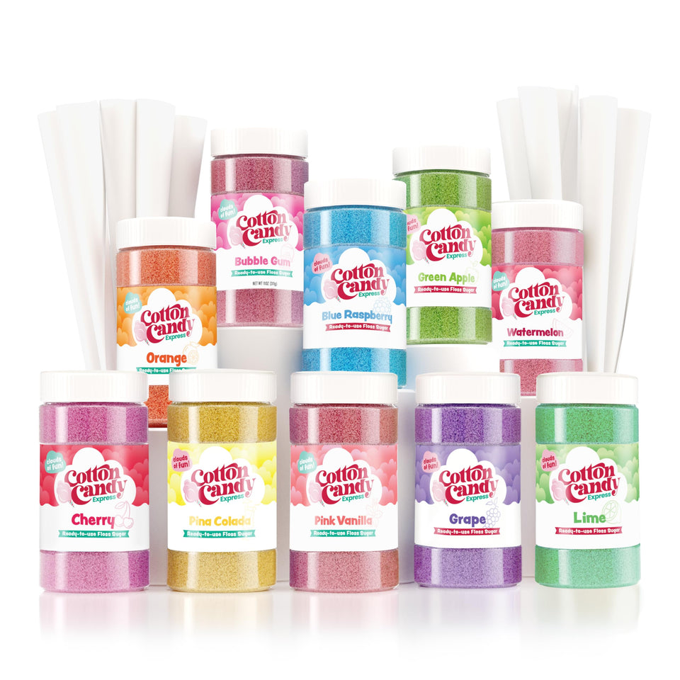 Cotton Candy Express floss sugar jar collection—vibrant colors for quick party treats.