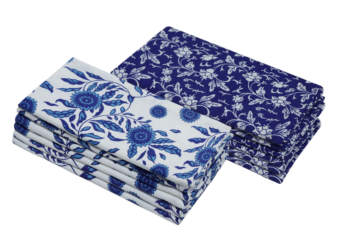 Cotton Craft two-tone blue-on-white napkins for elegant everyday dining.