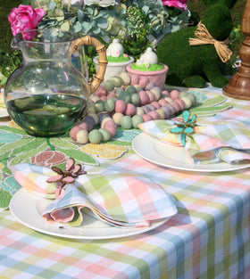 Cotton Craft Countryside Classic bunny luncheon table with cheerful plaid napkin pairing.