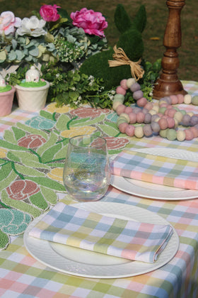 Cotton Craft Countryside Classic Passover table setting with colorful plaid tones.