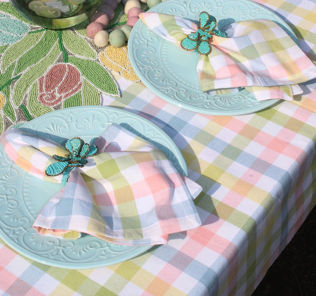Cotton Craft Countryside Classic tablecloth in spring colors complements family meals.