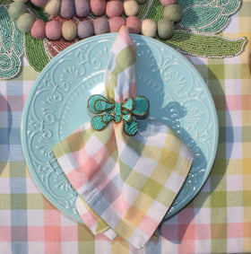Cotton Craft pastel plaid napkins folded for an elegant table setting