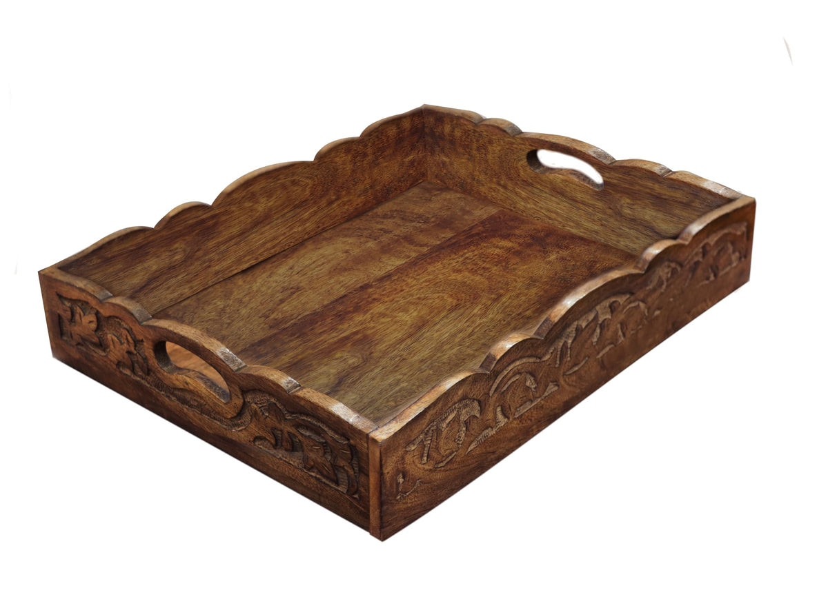 Cotton Craft hand-carved wooden serving tray in natural finish for breakfast or decor