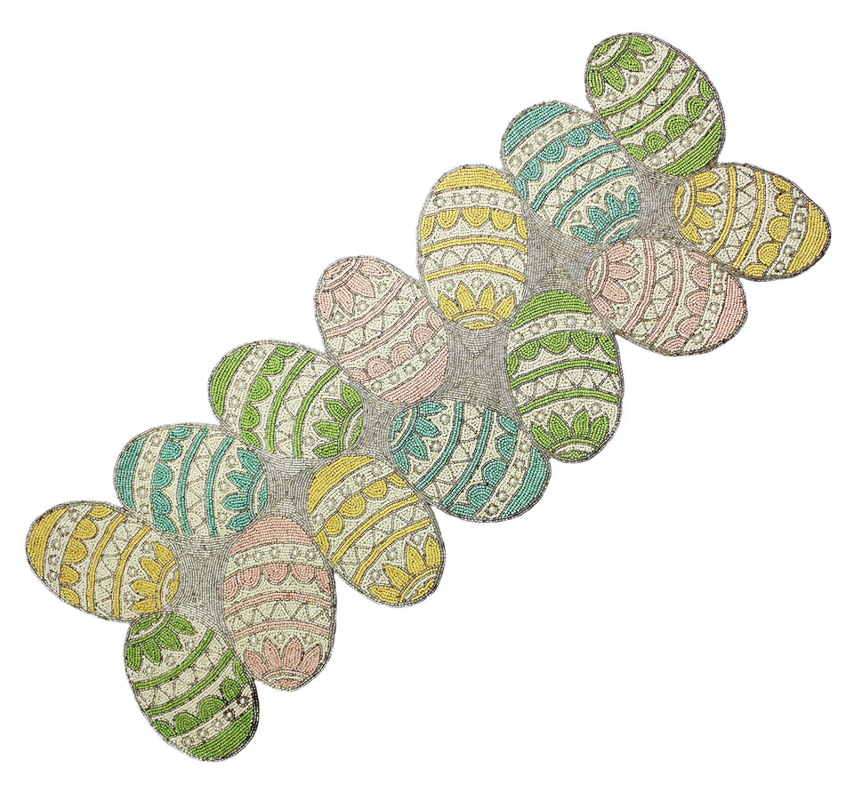 COTTON CRAFT Happy Hunting table runner with Easter eggs and bunny motif in aqua multi.