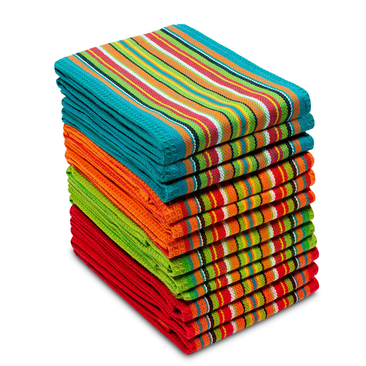 Cotton Craft Salsa Stripe towels: 12-pack for versatile drying and cleaning.