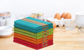 Cotton Craft salsa stripe towels ideal for restaurant or bar prep.