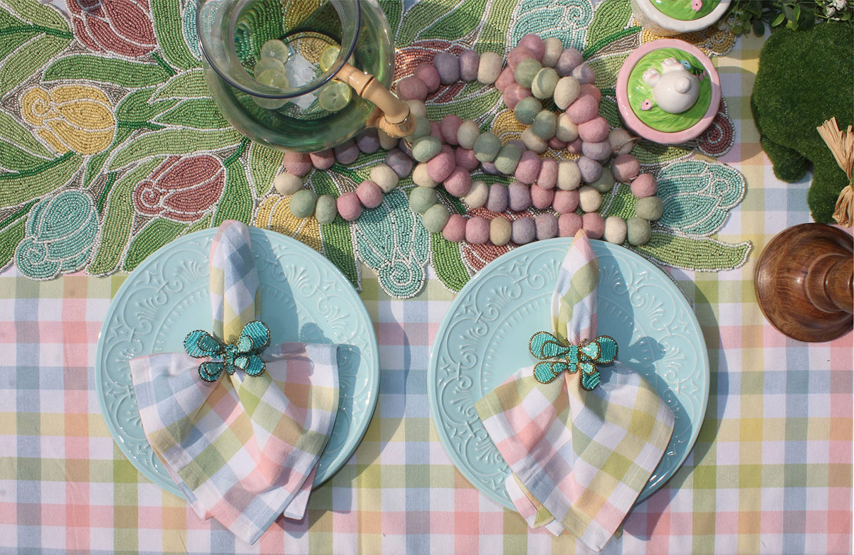Mitered corners on Cotton Craft tablecloth provide neat, modern presentation.