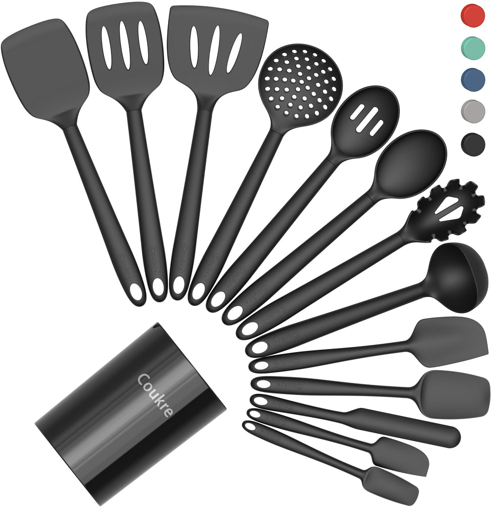 Coukre 14-piece silicone utensils with holder, ideal for non-stick pans and easy cleanup.