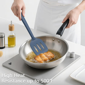 Coukre silicone handle close-up demonstrates comfortable grip and heat insulation.