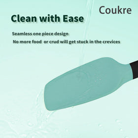 Coukre small scoop spatula folds batter and scrapes jars easily.