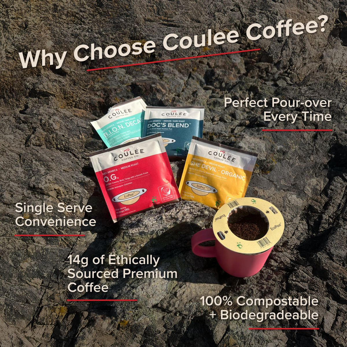 Coulee EcoPour filter-wrapped package showing compostable filters