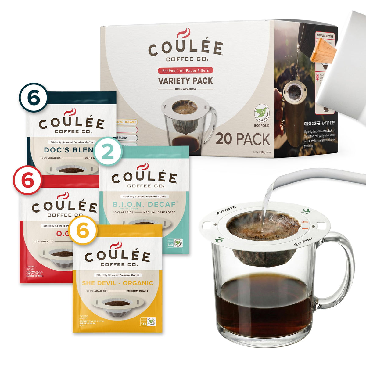 Coulee EcoPour variety pack front view for travel-friendly brewing