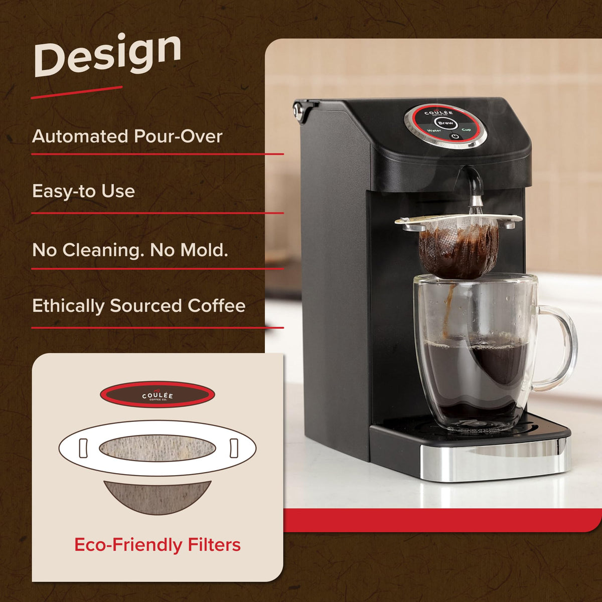 Coulée SWIRL rotates to bloom grounds for balanced flavor.