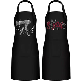 Coume two-piece hair stylist apron with rhinestones and front pockets for tools.