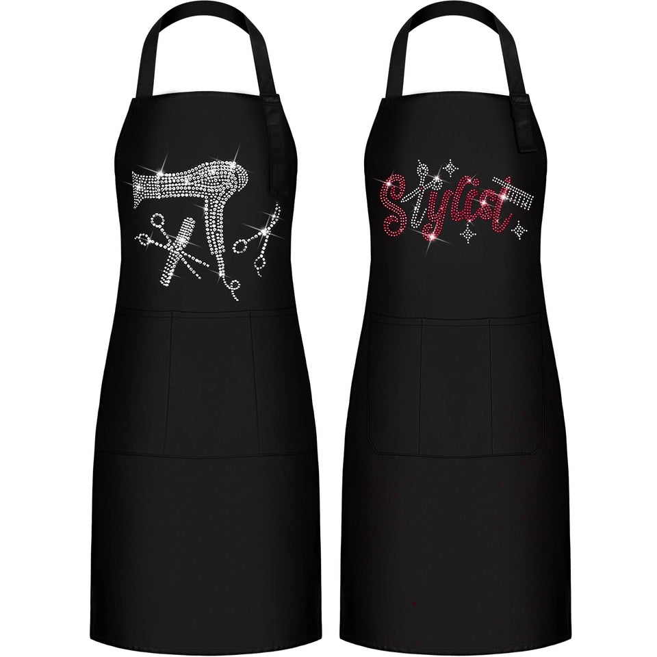 Coume two-piece hair stylist apron with rhinestones and front pockets for tools.