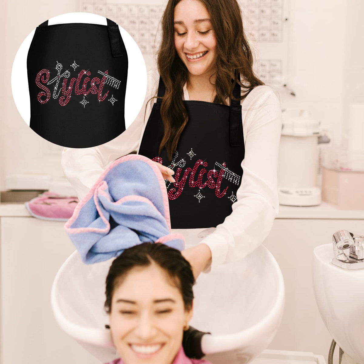 Coume waterproof hairdresser apron in red and white keeps clothing clean during styling.