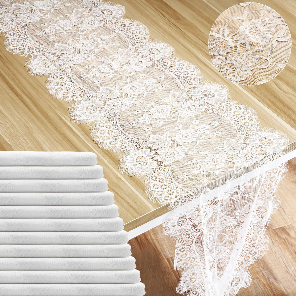 Coume white lace table runner with rose embroidery enhances romantic wedding decor.