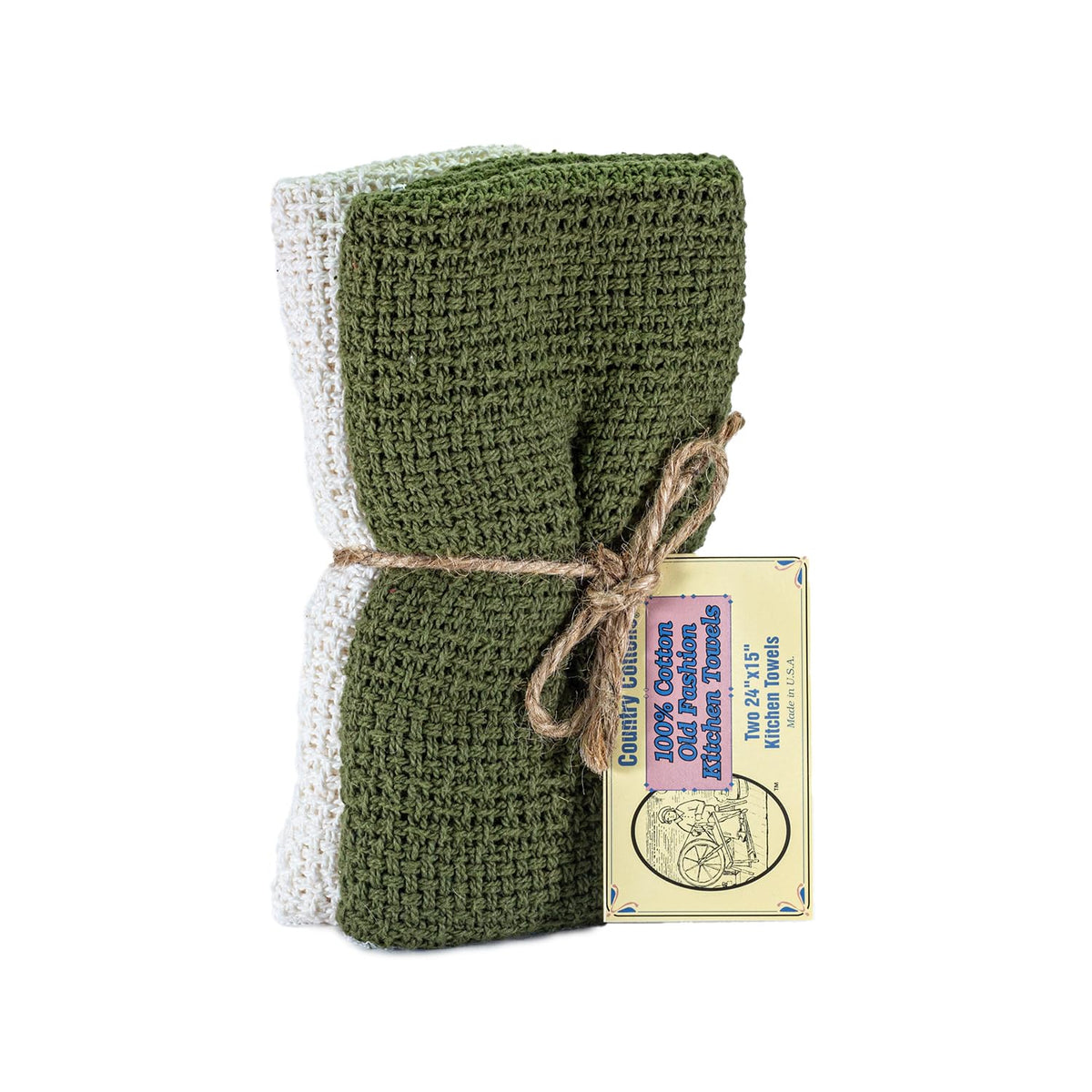 Country Cottons Old Fashion towels in sage green and natural, ideal for quick dish drying.