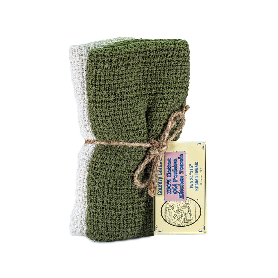 Country Cottons Old Fashion towels in sage green and natural, ideal for quick dish drying.